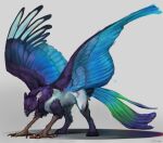  avian bird blue_tail blue_wings claws clothing colorful diorionarh ears_up feathered_wings feathers feral green_tail gryphon hi_res legwear male muscular mythological_avian mythological_creature mythology purple_body purple_tail solo tail thigh_highs white_body wings 