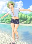  1girl :d ahoge alternate_costume cloud day denim denim_shorts elf forest green_hair highres looking_at_viewer mizumori_keiichi mushoku_tensei nature navel open_mouth outdoors outstretched_arms pointy_ears red_eyes shirt short_shorts shorts sky smile solo stream sylphiette_(mushoku_tensei) tied_shirt tree water white_footwear white_shirt 