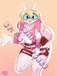  andromorph anthro big_breasts blonde_hair breasts canid canine canis comission eyewear female glasses gwenpool hair hi_res intersex mammal marvel pink_body pink_hair shantohru shanty shanty_artist solo thick wolf 