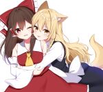  2girls :p animal_ear_fluff animal_ears arms_around_waist ascot bare_shoulders blonde_hair blush bow braid breasts brown_hair detached_sleeves dress eyes_visible_through_hair frilled_bow frilled_dress frilled_hair_tubes frills hair_between_eyes hair_bow hair_tubes hakurei_reimu highres hug kemonomimi_mode kirisame_marisa long_hair long_sleeves looking_at_viewer medium_breasts multiple_girls nontraditional_miko one_eye_closed open_mouth red_bow red_eyes red_skirt shinonome_asu sidelocks simple_background single_braid skirt smile tail tongue tongue_out touhou white_background yellow_ascot yellow_eyes yuri 