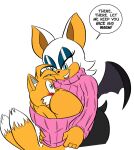 age_difference anthro bat blush canid canine clothing duo female flirting fox glassfish male male/female mammal miles_prower older_female open_chest_turtleneck rouge_the_bat sega sonic_the_hedgehog_(series) sweater topwear turtleneck warm younger_male 