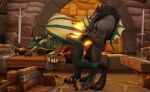  anal anthro balls blizzard_entertainment bodily_fluids canid dracthyr dragon duo forgon genital_fluids genitals hi_res holding_tail knot male male/male mammal perromalo precum public public_nudity scalie tail tail_on_shoulder warcraft were werecanid western_dragon worgen 