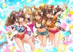  4girls alternate_costume alternate_hairstyle animal_ears anklet barefoot bikini bikini_bottom_only black_bikini blonde_hair blue_eyes blue_hair blue_shirt brown_hair daitaku_helios_(umamusume) denim denim_shorts ear_bow ear_covers eyewear_on_head floral_print frilled_shirt frills fruit_print gold_city_(umamusume) hairband head_wreath heart heart-shaped_eyewear horse_ears horse_girl horse_tail iro_178 jewelry long_hair mejiro_palmer_(umamusume) midriff multicolored_hair multiple_girls navel one-piece_swimsuit one_eye_closed orange_shirt pink_bikini pink_one-piece_swimsuit ponytail shirt short_shorts shorts streaked_hair striped striped_bikini sunglasses swimsuit tail tosen_jordan_(umamusume) umamusume v yellow_eyes 