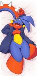  2023 absurd_res anthro bed blue_body blue_clothing blue_hair blue_jacket blue_scales blue_topwear bottomless breasts clothed clothing dragon eyelashes featureless_breasts featureless_crotch female furniture garchomp generation_3_pokemon generation_4_pokemon hair half-closed_eyes hi_res hybrid jacket lying mawaifu mawile narrowed_eyes nintendo on_back on_bed open_mouth pokemon pokemon_(species) ponytail red_body red_eyes red_scales scales sharp_teeth solo spiked_hairband spikes spikes_(anatomy) teeth tongue topwear yellow_body yellow_scales 
