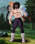  1boy 1girl abs absurdres beard black_eyes black_hair black_pants boots bracelet brown_footwear carrying carrying_over_shoulder carrying_person commentary_request commission dragon_ball dragon_ball_z facial_hair grass highres jewelry knee_boots monkey_tail mountain muscular muscular_male orange_hair original pants purple_eyes saiyan salvamakoto signature spanish_commentary tail topless_male tree 