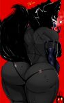  acerattman big_breasts big_butt black_body black_skin bodily_fluids breasts butt cute_eyes fan_character female female/female fluffy fluffy_tail hi_res humanoid karelia_(character) la_tiapat muscular sharp_teeth smile solo sweat tail teeth thick_thighs tongue 