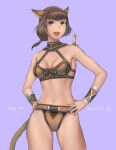  1girl 2022 :d absurdres artist_name avatar_(ff11) bare_arms bare_shoulders breasts brown_hair brown_tail cactus41747280 cleavage cowboy_shot dated final_fantasy final_fantasy_xi fingernails grey_eyes grey_hairband hairband halterneck highres legs_apart medium_breasts medium_hair mithra_(ff11) nail_polish navel open_mouth orange_nails pink_lips purple_background simple_background smile solo standing teeth thighs upper_teeth_only 