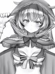  1girl absurdres breasts cape crossed_bangs greyscale hair_between_eyes hair_ornament hairclip hands_on_headwear highres hololive hololive_english hood hood_up hooded_cape light_blush looking_at_viewer medium_breasts monochrome nanashi_(nlo) nanashi_mumei simple_background solo upper_body virtual_youtuber 