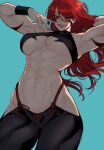  1girl abs absurdres black_pants blue_background fuuma_kotarou_(tenkaichi) highres long_hair looking_down muscular muscular_female navel pants ratatatat74 red_eyes red_hair smile solo sweat tenkaichi_nihon_saikyou_bugeisha_ketteisen thighs 