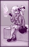  anthro big_ears black_hands black_tail cigarette clothing digital_drawing_(artwork) digital_media_(artwork) ear_piercing fangs felid feline female jacket lynx mammal piercing sabertooth_(anatomy) sad_eyes sitting skeletalheart sketch smoke smoking solo spots spotted_body tail teeth topwear 