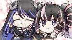  2girls ahoge arm_up bandeau belt black_bandeau black_belt black_hair black_jacket black_skirt blue_belt blue_hair blurry blurry_background blush breasts chest_belt chibi cleavage closed_eyes closed_mouth commentary cropped_jacket curled_horns demon_girl demon_horns double_v flat_chest flower grey_horns hair_flower hair_ornament hair_ribbon hebiyoi_tier highres horns jacket long_hair long_sleeves looking_at_viewer mariooo medium_bangs medium_breasts multicolored_hair multiple_girls nanashi_inc. navel off_shoulder oinomori_may one_side_up pink_hair pink_ribbon pointy_ears ribbon sidelocks skirt smile split_mouth two-tone_hair upper_body v virtual_youtuber 