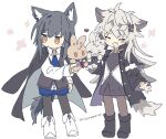  2girls :d animal_ear_fluff animal_ears arknights black_cape black_coat black_footwear black_pantyhose black_vest blue_necktie blush cape closed_eyes closed_mouth coat coat_on_shoulders full_body grey_hair hand_up heart highres holding lappland_(arknights) lappland_(refined_horrormare)_(arknights) long_hair multiple_girls naguru_(cyoroama) necktie official_alternate_costume open_clothes open_coat orange_eyes pantyhose scar scar_across_eye scar_on_face sidelocks simple_background smile stuffed_animal stuffed_toy tail texas_(arknights) texas_the_omertosa_(arknights) twitter_username very_long_hair vest white_background white_footwear wolf_ears wolf_girl wolf_tail 