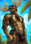  2_horns abs anthro barabao body_hair chest_hair deer diffuse_moose fur hi_res horn male mammal moose muscular muscular_anthro muscular_male new_world_deer pecs solo tongue tongue_out 