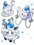  :o alternate_color animal_focus blue_theme commentary dot_nose drifloon food fork fruit hanabusaoekaki highres hisuian_zorua holding holding_fork holding_spoon litwick looking_at_viewer no_humans plate pokemon pokemon_(creature) shiny_pokemon solid_oval_eyes sparkle spoon strawberry symbol-only_commentary white_background white_fur 