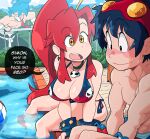  1girl 2boys ball beachball biceps black_choker black_eyes black_gloves black_pants blood blue_sky blush breasts bush choker cleavage cloud cloudy_sky earrings english_text fingerless_gloves gloves goggles goggles_on_head hair_ornament hair_stick highres jewelry kamina_(ttgl) long_hair medium_breasts multiple_boys muscular muscular_male necklace nipples nosebleed open_mouth pants pectorals ponytail pool red_hair scott_malin simon_(ttgl) skull_necklace sky soaking_feet speech_bubble sweatdrop tengen_toppa_gurren_lagann very_long_hair yellow_eyes yoko_littner 