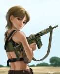  1girl absurdres back bare_shoulders battle_rifle blurry blurry_background blush brown_eyes brown_hair brown_pants camouflage camouflage_paint chest_harness closed_mouth commentary day depth_of_field english_commentary field finger_on_trigger fn_fal folding_stock freckles from_behind gradient_sky grey_sports_bra gun hair_behind_ear harness highres holding holding_gun holding_weapon looking_at_viewer looking_back mardjan nose_blush original outdoors pants pink_lips rifle savannah short_hair signature sky sling snap-fit_buckle solo sports_bra upper_body weapon white_sky 