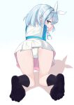  1girl absurdres all_fours arona_(blue_archive) black_socks blue_archive blue_eyes blue_hair blush feet from_behind hair_ribbon highres legs looking_back lts_kakuyo no_shoes open_mouth paid_reward_available panties ribbon simple_background socks soles solo toes underwear white_background white_panties 