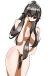  absurdres artist_name biting_hair black_hair completely_nude covered_nipples highres holding holding_hair kantai_collection long_hair nude red_eyes ribbon white_ribbon yahagi_(kancolle) 