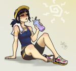  1girl arm_support baseball_cap bike_shorts black_hair black_shorts blue_tank_top bottle commentary commission crop_top dated dragonfu english_commentary full_body gradient_background hat holding holding_bottle kate_mikolajczyk knee_up midriff open_mouth pokemon ponytail shadow shoes shorts sidelocks signature simple_background sitting sneakers solo sportswear sun sweat tank_top tattoo yellow_eyes yellow_headwear 
