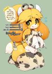  1girl absurdres animal_crossing animal_print barcode bikini blonde_hair blush_stickers breasts commentary cow_print elbow_gloves english_commentary english_text full_body furry furry_female gloves green_background green_eyes highres isabelle_(animal_crossing) large_breasts long_hair looking_at_viewer multicolored_hair orange_hair print_bikini print_gloves print_thighhighs simple_background sitting slugbox solow speech_bubble swimsuit thighhighs two-tone_hair wariza white_bikini white_gloves white_thighhighs 