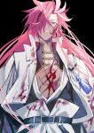  1boy belt black_belt black_hair black_kimono blood blood_on_clothes blood_on_face cuts earrings eyebrow_cut fate/grand_order fate_(series) hair_down hair_over_one_eye highres injury jacket japanese_clothes jewelry kimidorix32 kimono long_hair looking_at_viewer male_focus multicolored_hair nagatekkou open_clothes open_jacket open_kimono parted_lips red_eyes red_hair simple_background solo streaked_hair takasugi_shinsaku_(fate) tassel torn_clothes upper_body white_hair white_jacket 