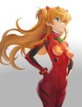  1girl absurdres blue_hair blush bodysuit breasts brown_hair ccclann highres interface_headset long_hair medium_breasts neon_genesis_evangelion plugsuit red_bodysuit skin_tight souryuu_asuka_langley two_side_up 