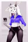  anthro bottomwear bovid braided_hair caprine cellphone clothing crop_top cropped_jacket fur girly goat hair halo horn humanoid male mammal multicolored_body multicolored_fur nodoph phone shirt solo tight_bottomwear tight_clothing topwear two_tone_body two_tone_fur 