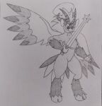  ambiguous_gender angel anthro avian beak crotch_tuft damien_(pan_those_cakes) digitigrade european_mythology feathered_tail feathered_wings feathers graphite_(artwork) greek_mythology grey_body halo hi_res hippogriff holding_object holding_weapon hooves hybrid melee_weapon mythological_avian mythology pan_those_cakes pencil_(artwork) solo sword tail thick_thighs traditional_media_(artwork) tuft weapon wings 