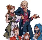  2boys 3girls :d :o ace_attorney antenna_hair apollo_justice arm_on_another&#039;s_shoulder arm_rest ascot belt belt_chain black_coat black_pants blonde_hair blue_eyes blue_headwear brown_eyes brown_hair chain_belt closed_eyes coat collared_shirt dark-skinned_male dark_skin drill_hair earrings ema_skye forked_eyebrows formal frilled_ascot frills gem green_belt green_coat green_gemstone green_necktie green_wrist_cuffs grgrton half_updo hand_up hat head_scarf highres holding holding_paper jacket jewelry klavier_gavin lamiroir_(ace_attorney) lapels long_hair long_sleeves looking_at_another low-tied_long_hair mask medium_hair midriff_peek mini_hat mini_top_hat mouth_mask multiple_boys multiple_girls multiple_rings necktie open_collar open_mouth pants paper pink-tinted_eyewear print_headwear purple_shirt red_ascot red_jacket red_scarf ring scarf shirt short_hair simple_background sleeveless_coat smile swept_bangs tailcoat thumb_ring tinted_eyewear top_hat trucy_wright white-framed_eyewear white_background white_pants white_shirt wrist_cuffs 
