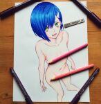  1girl areola_slip arms_at_sides art_tools_in_frame artist_name asymmetrical_hair blue_hair blush bob_cut breasts collarbone colored_pencil colored_pencil_(medium) commentary completely_nude converse curled_fingers darling_in_the_franxx embarrassed english_commentary feet_out_of_frame foreshortening from_above green_eyes groin hair_ornament hair_over_one_eye hairclip ichigo_(darling_in_the_franxx) knees_together_feet_apart looking_at_viewer looking_up lower_teeth_only marker marker_(medium) navel nude open_mouth pencil perspective photo_(medium) short_hair simple_background small_breasts solo sweatdrop swept_bangs teeth th3_zedgod_art traditional_media twitter_username wavy_mouth wet wet_hair white_background 