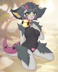  &lt;3 absurd_res anthro beach blurred_background breasts chest_tuft collar dragon featureless_breasts featureless_crotch felid feline female fur green_body green_eyes green_fur hi_res horn hybrid kneeling mammal nyavii seaside solo tuft yellow_sclera yu_(yu_crossing_animals) 