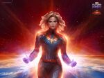  1girl blonde_hair bodysuit captain_marvel earth_(planet) english_text fingerless_gloves gloves highres jee-hyung_lee looking_at_viewer marvel medium_hair planet space watermark 