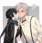  !? 2boys akat42273008 akutagawa_ryuunosuke_(bungou_stray_dogs) black_hair black_jacket blue_scarf bungou_stray_dogs closed_eyes collared_shirt cowboy_shot grey_hair highres jacket kiss kissing_cheek male_focus multicolored_hair multiple_boys nakajima_atsushi_(bungou_stray_dogs) necktie necktie_grab neckwear_grab parted_lips profile purple_eyes scarf shirt short_hair suspenders two-tone_hair white_hair white_shirt yaoi 