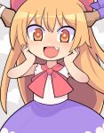  1girl :d blush bow bowtie brown_horns commentary_request cookie_(touhou) cowboy_shot fang flat_chest hair_bow hands_on_own_cheeks hands_on_own_face horns hospital_king ibuki_suika long_hair medium_bangs nose_blush open_mouth orange_eyes orange_hair purple_skirt red_bow red_bowtie shirt skirt sleeveless sleeveless_shirt smile sparkling_eyes touhou very_long_hair white_shirt yamin_(cookie) 