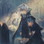  1boy 2girls aged_down animal_ear_fluff animal_ears arknights bare_tree black_cape black_capelet black_dress black_headwear black_jacket black_necktie black_shorts brother_and_sister cape capelet cliffheart_(arknights) collared_shirt crying dress grave grey_hair hair_between_eyes hat highres hood hood_down hooded_cape jacket leopard_ears long_hair long_sleeves multiple_girls necktie outdoors pramanix_(arknights) shirt short_hair shorts siblings silverash_(arknights) statue suit_jacket taigusukiri tears tree white_shirt 