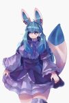  ... animal_ears artist_name blush body_fur borrowed_design bow colored_sclera cosplay_request dress ear_piercing frown glaceon grey_eyes high-waist_skirt highres looking_to_the_side personification piercing pokemon purple_bow purple_dress purple_sclera single_thighhigh skindentation skirt tail thighhighs umineko_no_naku_koro_ni white_fur woozie 