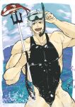  1boy :d adapted_costume bara black_bodysuit black_male_swimwear blue_eyes blush bodysuit bulge diving_mask diving_suit fate/grand_order fate_(series) feet_out_of_frame fishing gatta_(gatta_reve_cat) goggles hair_between_eyes highres large_pectorals looking_at_viewer male_focus male_swimwear muscular muscular_male ocean pectorals percival_(fate) selfie_stick short_hair smile solo sparkle thick_thighs thighs v-taper water wetsuit white_hair 