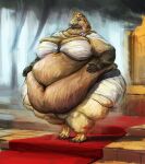  2021 3_toes accipitrid accipitriform anthro avian belly big_belly bird bra breasts brown_body brown_fur carpet cettus chair claws clothed clothing eagle egyptian fat_rolls feet female fur furniture gold_(metal) gold_jewelry hand_on_stomach headdress hi_res inside jewelry male morbidly_obese morbidly_obese_anthro morbidly_obese_male obese obese_anthro obese_male overweight overweight_anthro overweight_male queen royalty silk solo throne throne_room toes underwear walking 