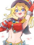  1girl arm_up armpits blonde_hair blue_eyes breasts cleavage cleavage_cutout clothing_cutout crop_top duel_monster hat highres long_hair looking_at_viewer medium_breasts midriff navel nooa_(souzikisuki) pendulum_witch red_shirt shirt smile solo star_(symbol) top_hat yu-gi-oh! 