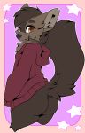  anthro blep bottomless brown_body brown_eyes brown_fur butt calvin_sable clothed clothing fur gulonine hi_res hoodie hoodie_only looking_at_viewer male mammal marten mustelid musteline sable_(marten) slushie-nyappy-paws solo tongue tongue_out topwear topwear_only 