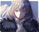  1boy arthropod_boy blue_eyes cape cloak close-up cloud collar crown diamond_hairband dragonfly_wings fate/grand_order fate_(series) frilled_collar frills fur-trimmed_cape fur-trimmed_cloak fur_trim grey_hair highres insect_wings medium_hair oberon_(fate) portrait shadow sky smile solo touchika white_hair wings 