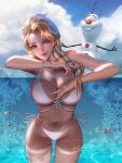  1girl against_glass bikini blonde_hair blue_eyes bracelet braid braided_ponytail breast_press breasts breasts_on_glass day elsa_(frozen) frosted_glass frozen_(disney) hair_over_shoulder highres jewelry large_breasts liang_xing long_hair looking_at_viewer navel o-ring o-ring_bikini olaf_(frozen) outdoors partially_submerged smile solo_focus swimsuit thighhighs water white_bikini white_thighhighs 