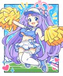  1girl bare_shoulders blue_archive blue_bow blue_eyes bow breasts cheerleader commentary fang halo hanae_(blue_archive) hanae_(cheer_squad)_(blue_archive) heart jumping large_breasts legwear_garter long_hair looking_at_viewer midriff navel onyhakase open_mouth pleated_skirt pom_pom_(cheerleading) purple_hair sailor_collar shoes skirt sleeveless solo stadium thighhighs twintails underboob very_long_hair visor_cap white_skirt white_thighhighs zettai_ryouiki 