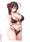  1girl ahoge arms_behind_back bare_shoulders bikini black_bikini blush breasts brown_hair closed_mouth collarbone cropped_legs ebifurya groin hair_between_eyes hair_ornament hair_ribbon hairclip hand_on_own_arm heart highres kantai_collection large_breasts lips looking_at_viewer mamiya_(kancolle) multi-strapped_bikini navel one-hour_drawing_challenge purple_eyes red_ribbon ribbon simple_background skindentation solo stomach strap_gap swimsuit thighs twitter_username white_background 