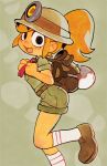  1girl backpack bag belt black_eyes blonde_hair brown_footwear colo_(nagrolaz) fang from_side goombella green_background green_headwear green_shirt green_shorts headlamp helmet highres holding looking_at_viewer mario_(series) medium_hair necktie open_mouth paper_mario paper_mario:_the_thousand_year_door personification ponytail red_necktie shirt shoes short_sleeves shorts shovel simple_background socks standing standing_on_one_leg wamudraws white_socks 