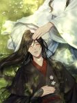  2boys artist_name bishounen black_hair blush chinese_clothes closed_eyes commentary_request dappled_sunlight day english_commentary eyelashes flower grass hair_ornament hair_ribbon hand_on_another&#039;s_head hand_up hanfu high_ponytail highres lan_wangji lap_pillow long_hair long_sleeves lying male_focus mixed-language_commentary modao_zushi multiple_boys on_back on_grass outdoors parted_bangs parted_lips ponytail raineemeow red_ribbon red_sash ribbon robe sash sidelocks sitting solo_focus sunlight swept_bangs thai_commentary wei_wuxian white_flower white_robe wide_sleeves 