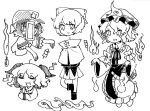  4girls animal_ears bow cape chinese_clothes closed_eyes closed_mouth dog_ears dress frilled_kimono frills greyscale hair_bow hat hat_ornament japanese_clothes jiangshi kasodani_kyouko kimono long_sleeves miyako_yoshika mob_cap monochrome multiple_girls ofuda oito_(bowstringsmall) open_mouth pleated_skirt saigyouji_yuyuko sekibanki shirt short_hair short_sleeves simple_background sketch skirt smile star_(symbol) star_hat_ornament tangzhuang touhou triangular_headpiece white_background 