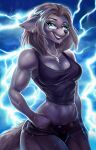  2023 anthro black_nose blue_eyes bottomwear breasts canid canine clothed clothing colored colorful detailed digital_drawing_(artwork) digital_media_(artwork) digital_painting_(artwork) ear_piercing electricity eyewear female fur glasses glowing hair hi_res light lighting lightning looking_at_viewer mammal piercing portrait rizonik shaded short_hair shorts simple_background sketch smile soft_shading solo sportswear tail three-quarter_portrait wet wet_body wet_clothing 