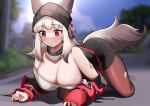  1girl absurdres all_fours animal_ears arknights ass bare_shoulders black_headwear black_skirt blue_sky breasts brown_pantyhose cleavage cloud commentary_request day dishui_tangni fox_ears fox_tail frostleaf_(arknights) grey_hair highres jacket large_breasts long_hair off_shoulder pantyhose pencil_skirt red_eyes revision skirt sky solo tail thighs torn_clothes torn_pantyhose 