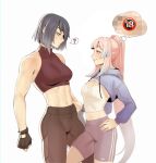  286456006 2girls ? abs absurdres bare_shoulders bow-shaped_hair breasts censored closed_mouth colored_tips covered_collarbone ear_piercing fingerless_gloves genshin_impact gloves gradient_hair gym_uniform hand_on_another&#039;s_stomach highres kujou_sara leg_between_thighs looking_at_another midriff multicolored_hair multiple_girls navel piercing ponytail sangonomiya_kokomi shorts simple_background standing stomach thought_bubble yuri 